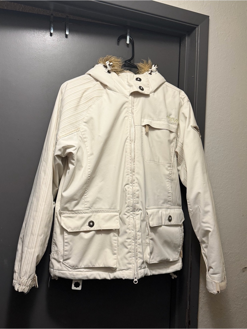 Empyre Cream Women's Ski Jacket with Faux Fur Trim Hood